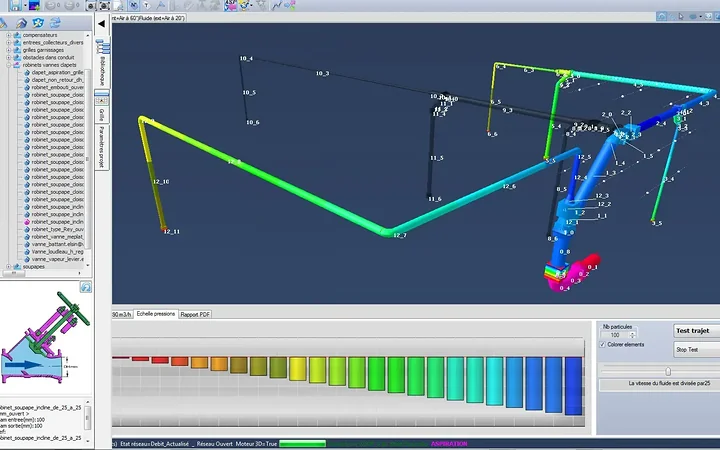 Réseau d'aspiration modélisé en 3D dans Mecaflux Pro3D, coloré selon la pression, avec la bibliothèque des robinets, vannes et clapets