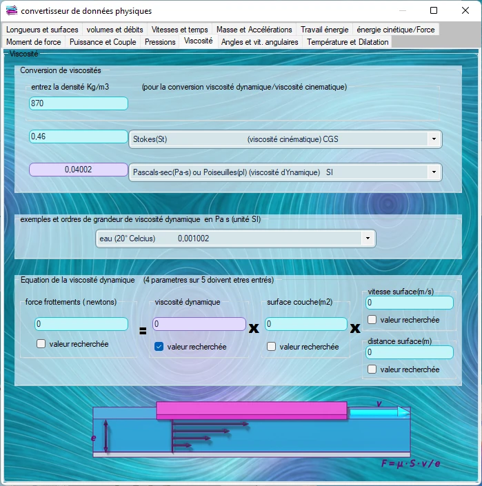 Détail de l'onglet viscosité du convertisseur
