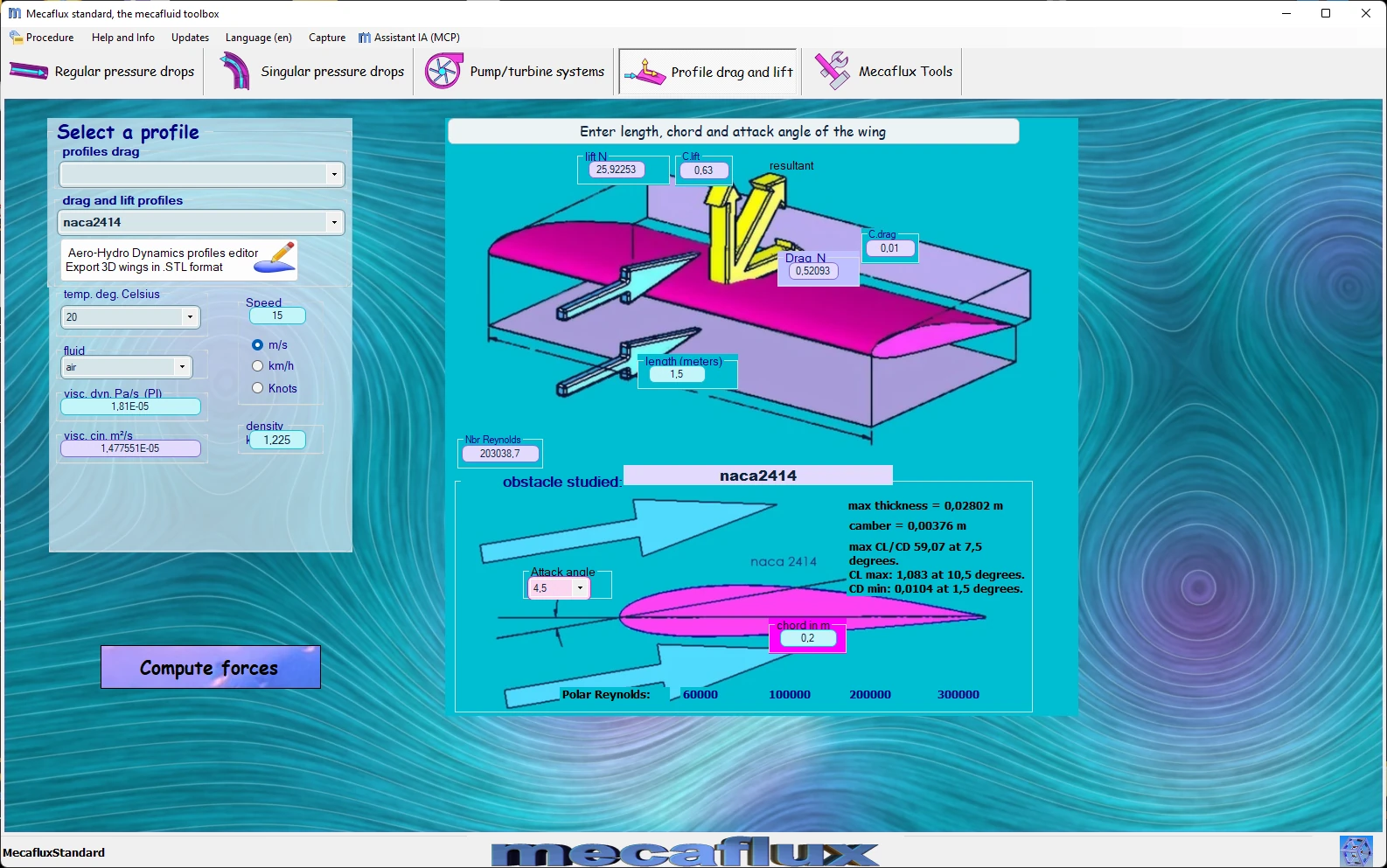 hydrodynamic aerodynamic incidence attack angle software mecaflux